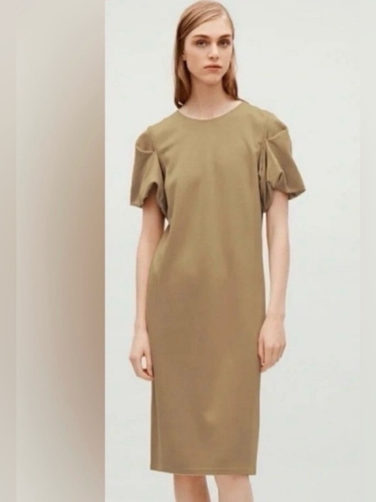 COS Dresses & Skirts - COS M Glossy Minimalist Taupe Puff Bubble Short Sleeve Shift Scandi Style Dress